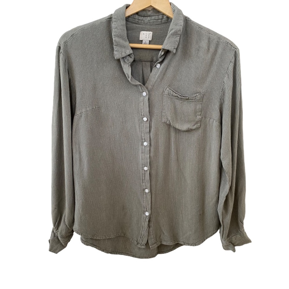 A New Day Green Striped Long Sleeve Button Down Shirt Size L (M)